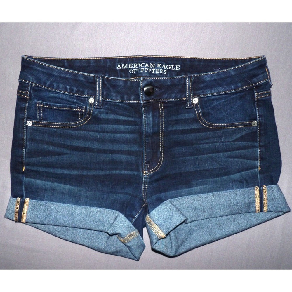 American Eagle Super Stretch Cuffed Dark MIDI Denim Shorts Women's 12